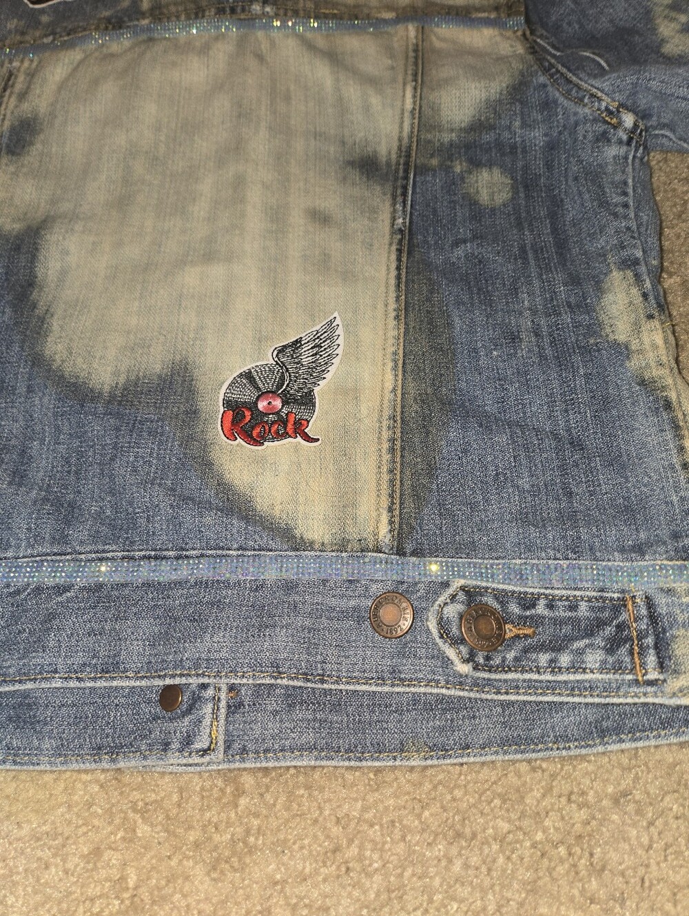Upcycled Bleached Distressed Jean Jacket | Rock Graphic Patches | Custom Denim - Picture 7 of 16
